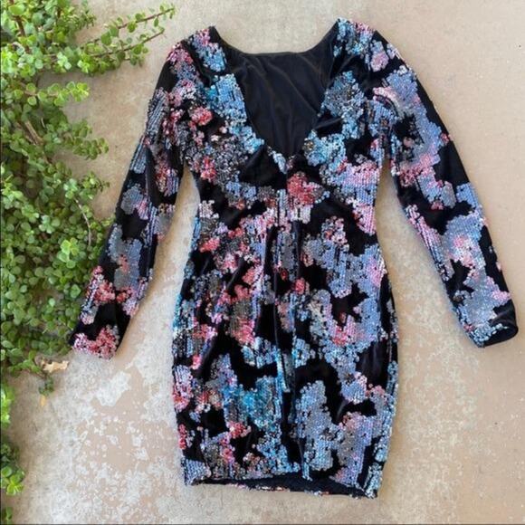 DRESS THE POPULATION Pastel Floral Sequin Black Velvet Backless Mini Dress S - Picture 9 of 10
